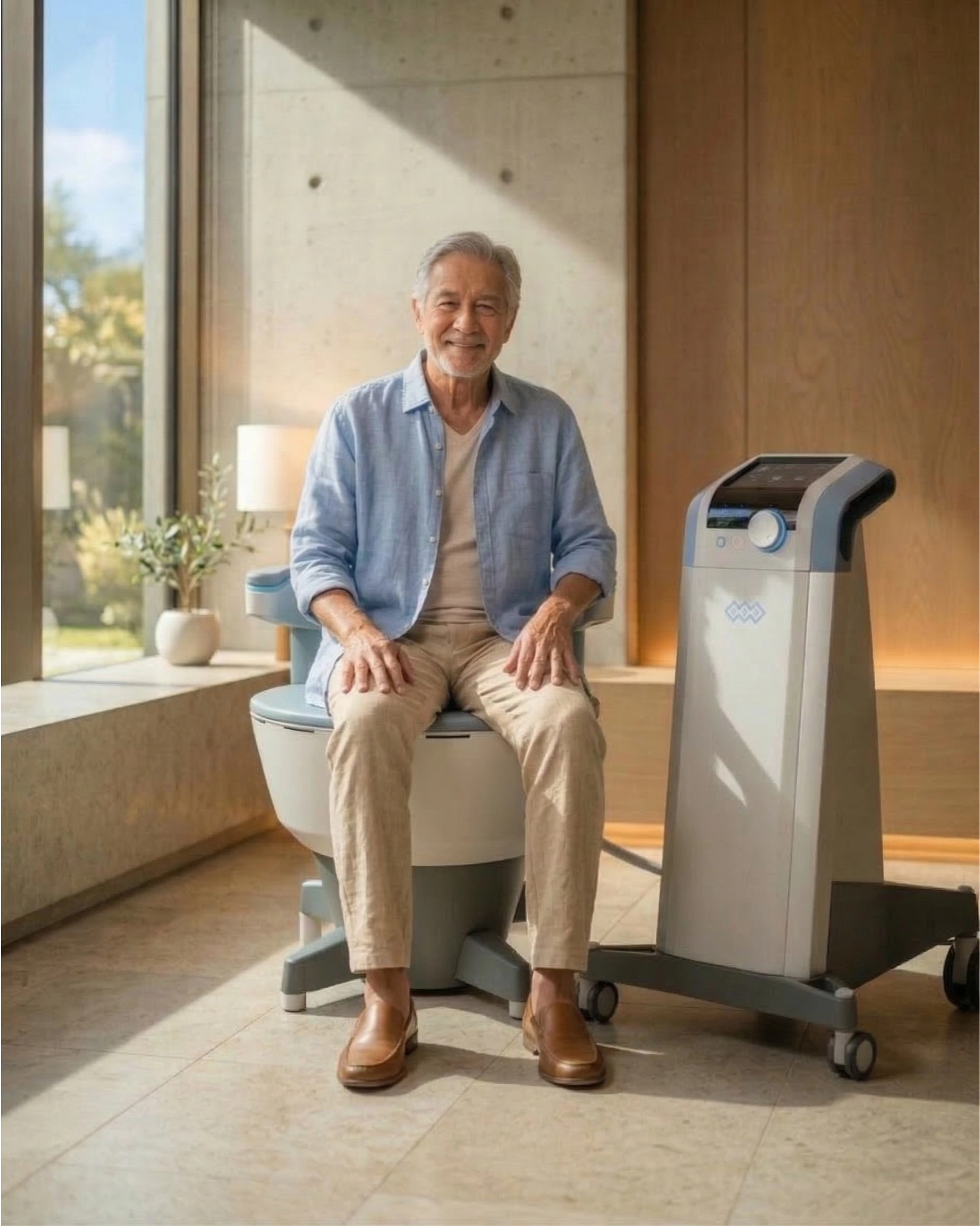 Senior Filipino man on EMSELLA chair at Revita Wellness